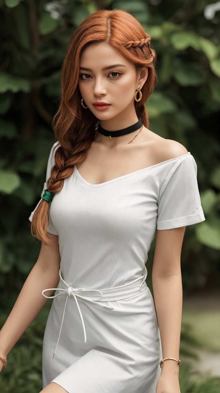 lammeFrieren, orange hair, green eyes,long hair,braided ponytail,large breasts,earrings, choker, armlet, bracelet, white dress, white sash, short sleeves, sandals,1girl in full growth, best quality, masterpiece, ultra-detailed, high quality,good quality,1 girl,(master piece,high resolution, ultra detailed,8K,16K),look at viewer,ach-ciloranko