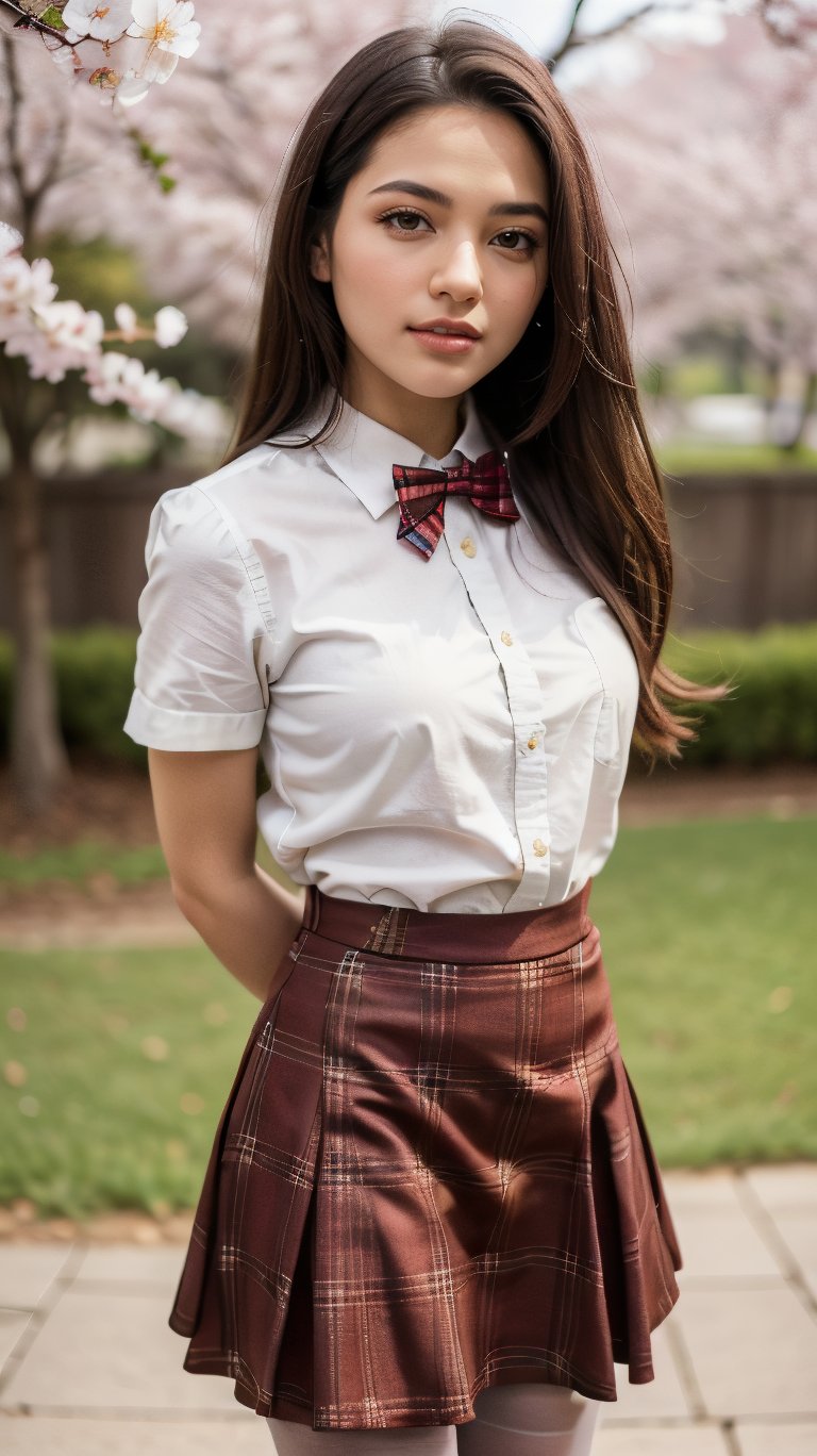 masterpiece, best quality, highres, aamahiru, long hair, red bowtie, white shirt, short sleeves, plaid skirt, brown skirt, pantyhose, , standing, cowboy shot, leaning forward, arms behind back, outdoors, cherry blossoms, smile, open mouth.