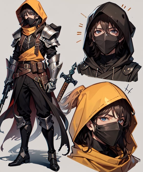 solo, 1boy, rainy background, holding, weapon, male focus, hood, holding weapon, armor, gun, helmet, gauntlets, holding gun, cloak, handgun, walking,Future,plague_doctor_mask 