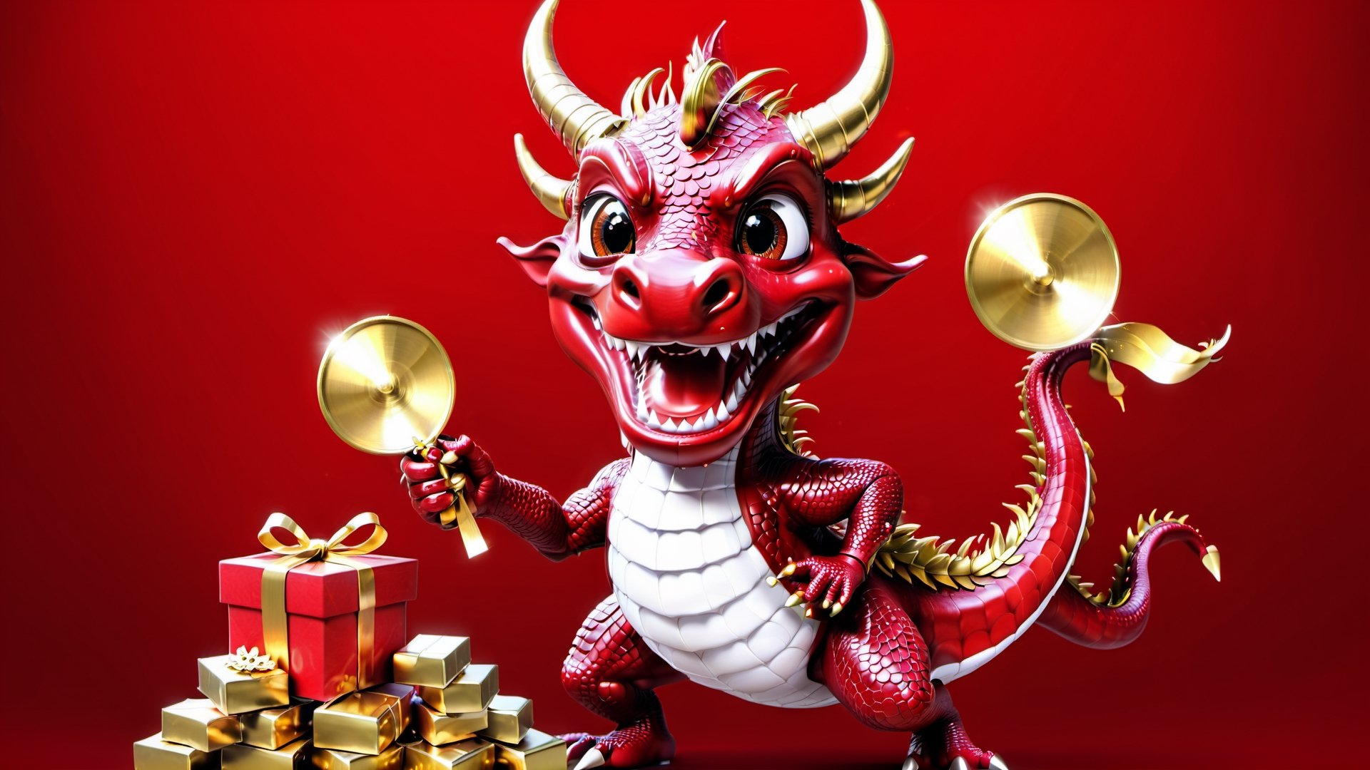 Golden Happy New Year in the top backgroud,
Cartoon red Dragon, ,  illustration,  2D effect,  Chinese style,  New Year mascot,  big eyes,  smile,  Dragon horn on head, 
Holding shoe-shaped gold ingot in right hand, Holding red New Year Scroll show 恭喜發財 in right hand,  