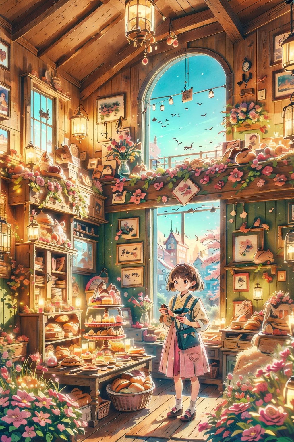 1 GIRL,Soft and detailed anime art style. . The composition is centered around a charming bakery, surrounded by blooming pink flowers. The theme is the bakery's inviting entrance, flanked by potted plants and lanterns. Glass doors and windows display all kinds of freshly baked food inside. The backdrop consists of pastel-hued building facades, with a giant pink cherry blossom tree above, enhancing the tranquil and picturesque atmosphere. The overall scene is filled with warmth, exquisite details, and incorporates natural elements, perfectly integrating the beauty of the city and nature.