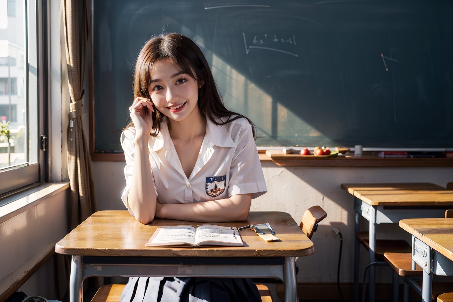 masterpiece,  highest quality,  8K,  RAW photo,
BREAK
1 japanese girl, high school student, school uniform, pale white skin, white skin, unbuttoned white shirt, (navy blue pleated skirt), Study while sitting in a chair, Focus on the task at your desk, hair flip, head tilt, big smile, 
BREAK
angle from below, The room is dimly lit,  evening, magic hour,Classroom,high_school_girl,best quality,photorealistic