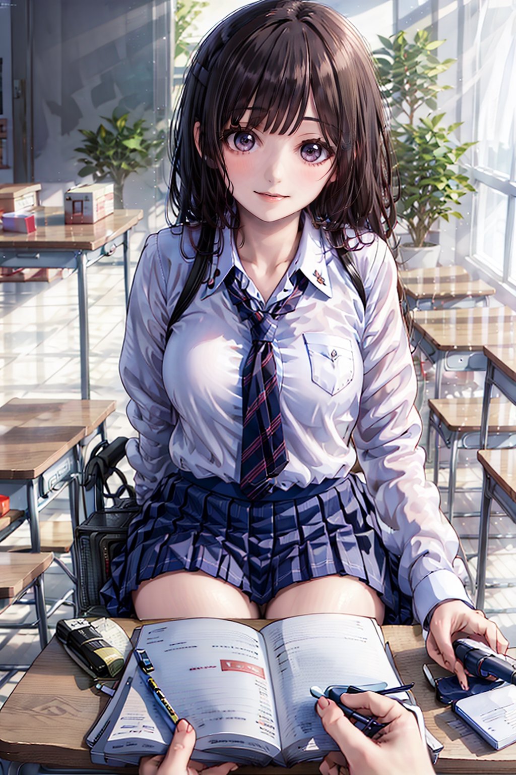 masterpiece,  highest quality,  8K,  RAW photo,
BREAK
1 japanese girl, high school student, school uniform, pale white skin, white skin, unbuttoned white shirt, (navy blue pleated skirt), Study while sitting in a chair, Focus on the task at your desk, hair flip, head tilt, big smile, 
BREAK
angle from below, The room is dimly lit,  evening, magic hour,Classroom,high_school_girl,best quality
