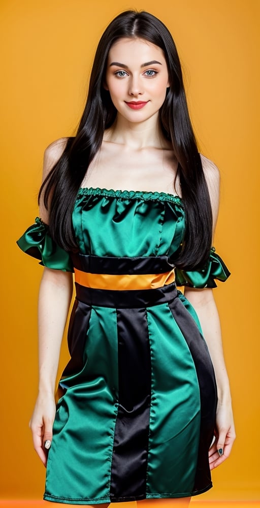 woman, beautiful face, perfect face, blue eyes fully black hair, straight hair, pale white skin, light pale white skin, little smile, perfect, fully hot green and orange background, hot harlequin green and orange background, saturated harlequin orange and dark green
, golden objects around, best quality, professional studio lighting, details, canon eos 80d photo, indoor, long dress body covering