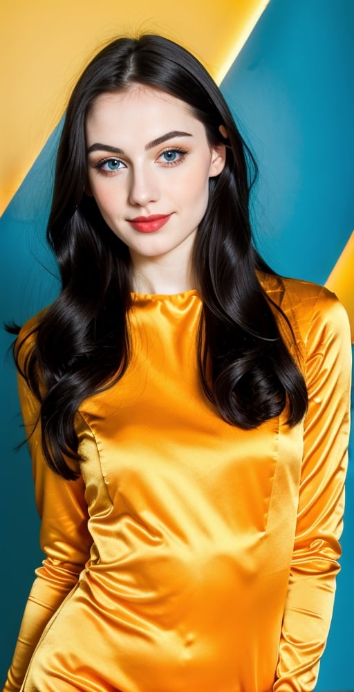 woman, beautiful face, perfect face, blue eyes fully black hair, straight hair, pale white skin, light pale white skin, little smile, perfect, fully hot blue and orange background, hot harlequin orange and hot blue background, saturated harlequin orange and dark blue
, golden objects around, best quality, professional studio lighting, details, canon eos 80d photo, indoor, long dress body covering