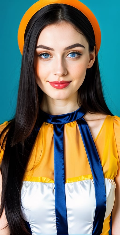 woman, beautiful face, perfect face, blue eyes fully black hair, straight hair, pale white skin, light pale white skin, little smile, perfect, fully hot blue and orange background, hot harlequin orange and hot blue background, saturated harlequin orange and dark blue
, golden objects around, best quality, professional studio lighting, details, canon eos 80d photo, indoor, long dress body covering