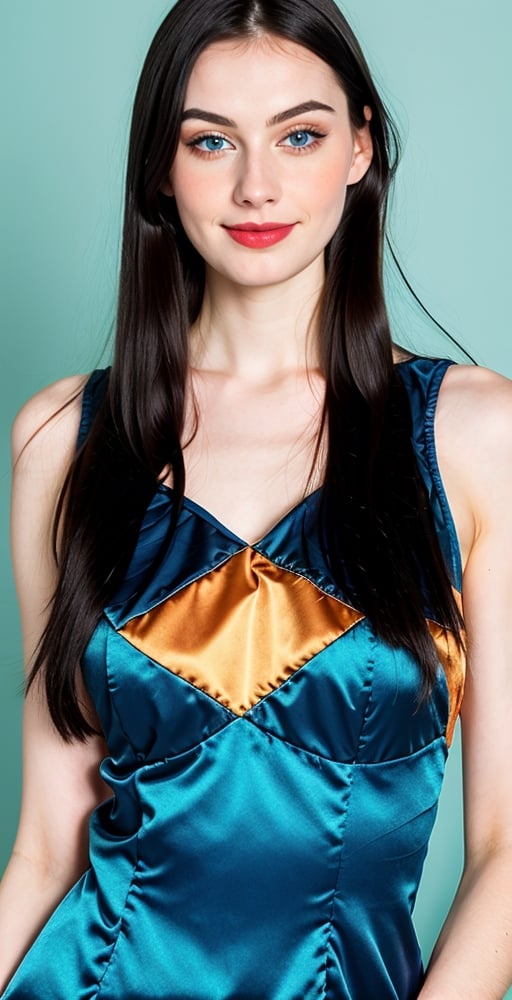 woman, beautiful face, perfect face, blue eyes fully black hair, straight hair, pale white skin, light pale white skin, little smile, perfect, fully hot blue and orange background, hot harlequin orange and hot blue background, saturated harlequin orange and dark blue
, golden objects around, best quality, professional studio lighting, details, canon eos 80d photo, indoor, long dress body covering