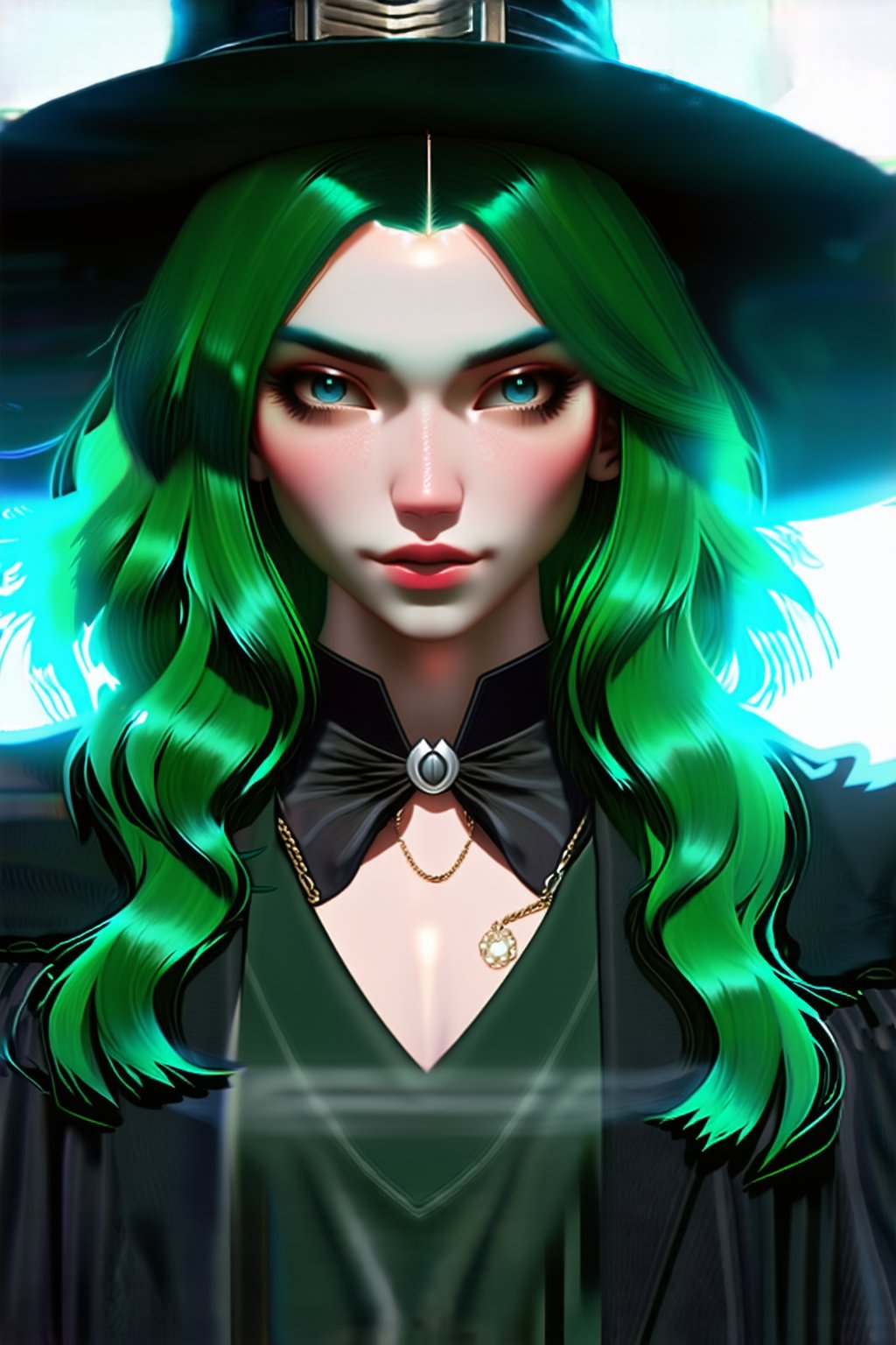 Realistic, 1girl, witch, magical, dark, spell, wizard, dark green hair, hat, silver accents