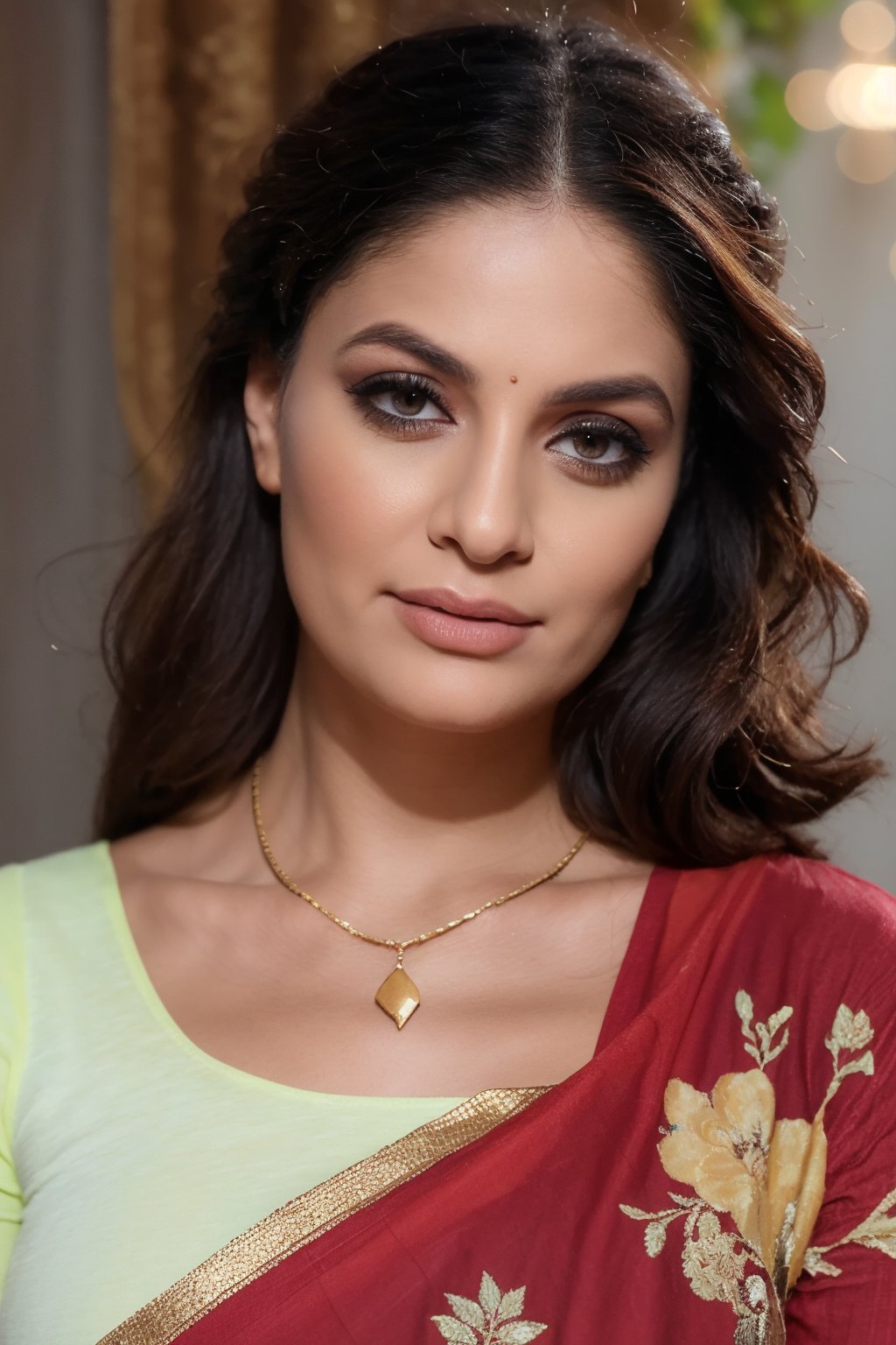 cinematic film still portrait of 25yo woman, upper body, (realistic:1.3), mangalsutra around her neckx jewelry, exotic earrings, jewelry, finely detailed, quality, rembrandt lighting, (masterpiece:1.2), (photorealistic:1.2), (best quality), (detailed skin:1.3), (intricate details), 1girl, wearing precious stone earrings, bangs, busty, closeup, fashion photography, realism , epic, gorgeous, film grain, grainy