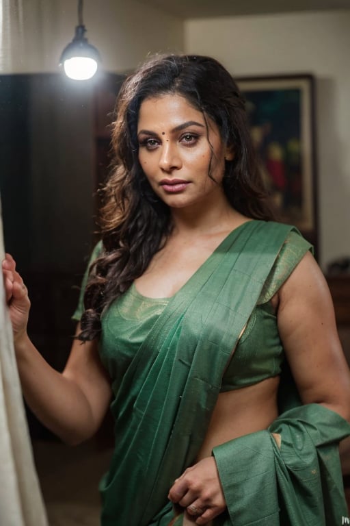 Candid Portrait of a chubby woman, saree, sleeveless, cleavage, very long curly hairs, long curly hairs,, shot with nikon 35 mm prime lens, f/1.8, bokkeh,, indoors, beautifully decorated, realism, volumetric lighting, (masterpiece:1.2), (insane quality:1.4), (flawless composition:1.5), (hdr:1.3) , professional photography, (Professional Color Grading), Edge Lighting,Dramatic lighting,Cinematic lighting,Lumen reflections, Soft natural lighting, Soft color, Photon mapping, Radiosity,