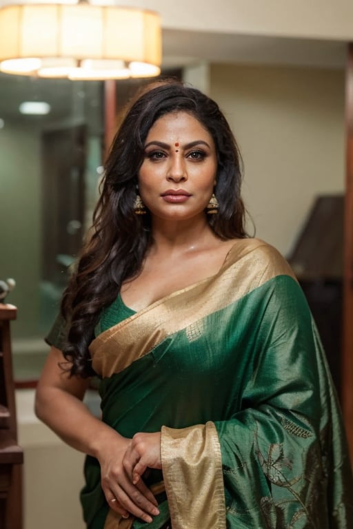 Candid Portrait of a chubby woman, saree, sleeveless, cleavage, very long curly hairs, long curly hairs,, shot with nikon 35 mm prime lens, f/1.8, bokkeh,, indoors, beautifully decorated, realism, volumetric lighting, (masterpiece:1.2), (insane quality:1.4), (flawless composition:1.5), (hdr:1.3) , professional photography, (Professional Color Grading), Edge Lighting,Dramatic lighting,Cinematic lighting,Lumen reflections, Soft natural lighting, Soft color, Photon mapping, Radiosity,