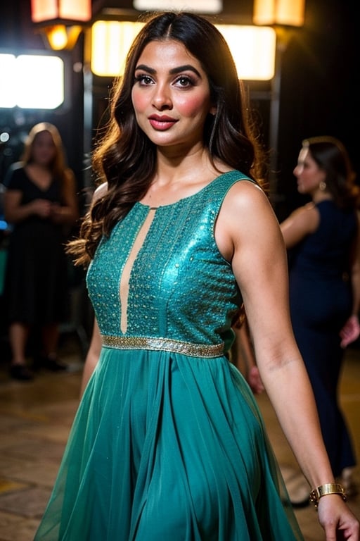 A photo of a pretty woman with long hair, bored, She wears a sleeveless kurti, krutis,  a woman, perfect hair, (modern photo, Aqua Green  elegant haute couture model outfit, dress), closeup portrait, 85mm lens, (analog, cinematic, film grain:1.3), (walking on the runway), ((detailed eyes)), (epicPhoto), (color picture:1.1), jewelry, makeup, (looking at viewer)