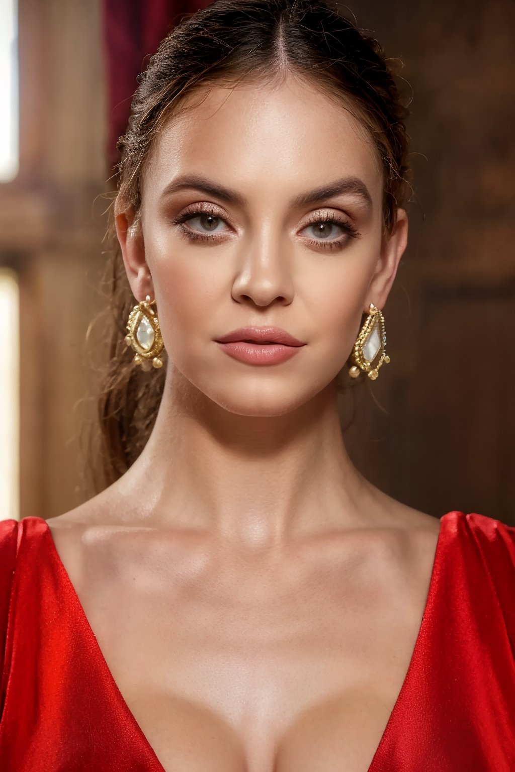 cinematic film still portrait of 25yo woman, upper body, (realistic:1.3), mangalsutra around her neckx jewelry, exotic earrings, jewelry, finely detailed, quality, rembrandt lighting, (masterpiece:1.2), (photorealistic:1.2), (best quality), (detailed skin:1.3), (intricate details), 1girl, wearing precious stone earrings, bangs, busty, closeup, fashion photography, realism , epic, gorgeous, film grain, grainy