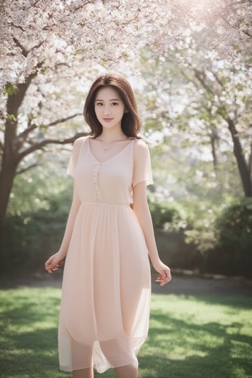 20-year-old Chinese girl, 160cm tall, petite figure with slender build. A-cup bust, beautifully proportioned long legs, flat shoulders with delicate collarbones creating an elegant silhouette. Medium-length black hair, slightly wavy, framing her face with a youthful charm. Refined facial features on a small, subtly oval face. High cheekbones and a delicate jawline. Bright, almond-shaped eyes with long lashes, conveying innocence and curiosity. Nose bridge is straight and refined, with a slightly upturned tip giving her a playful and cute appearance. Full, rosy lips with a natural cupid's bow. Porcelain-like fair skin, smooth and radiant. Slender neck. Graceful hands with long, tapered fingers. Wearing a light, flowy summer dress in pastel colors, accentuating her youthful energy. Natural, minimal makeup enhancing her features. Standing in dappled sunlight filtering through cherry blossom trees, creating a dreamy atmosphere. Soft smile, head tilted slightly, exuding a gentle and approachable aura. Hair gently tousled by a light breeze. On her feet, delicate white ballet flats with a tiny bow detail, complementing her dress and adding to her graceful, feminine appearance. photo realistic, full-body photo shot, Canon EOS R5 f/1.4