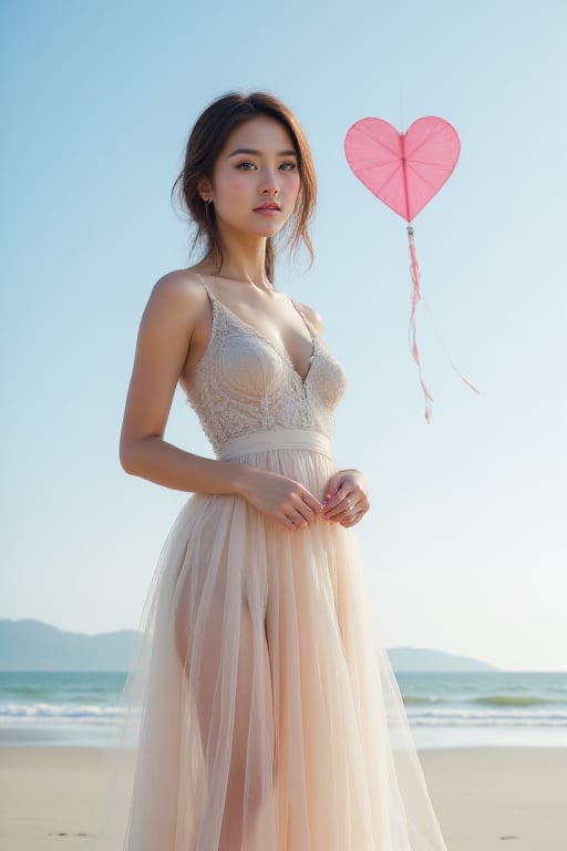 beach sunny day, gorgeous Japanese girl, flying a heart shape kite, low camera positio, natural day light, full body, close-up shot. delicate details face and body, super model body and seductive posture.