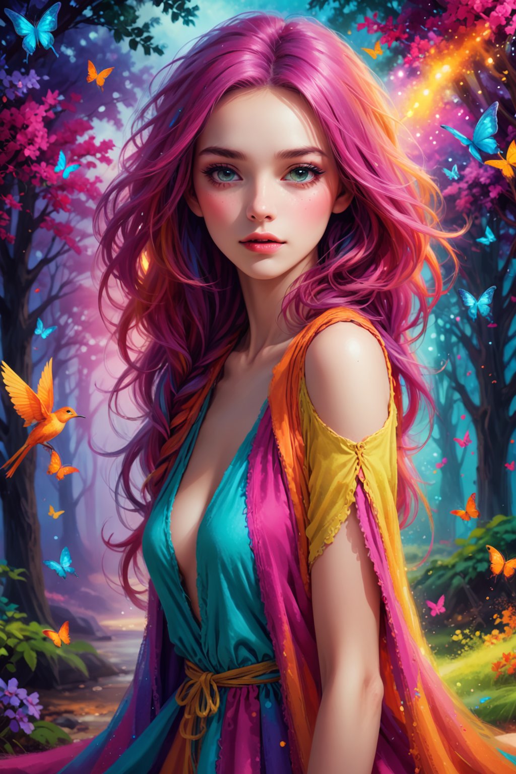 create a mysterious, captivating image, background is bright and colourful