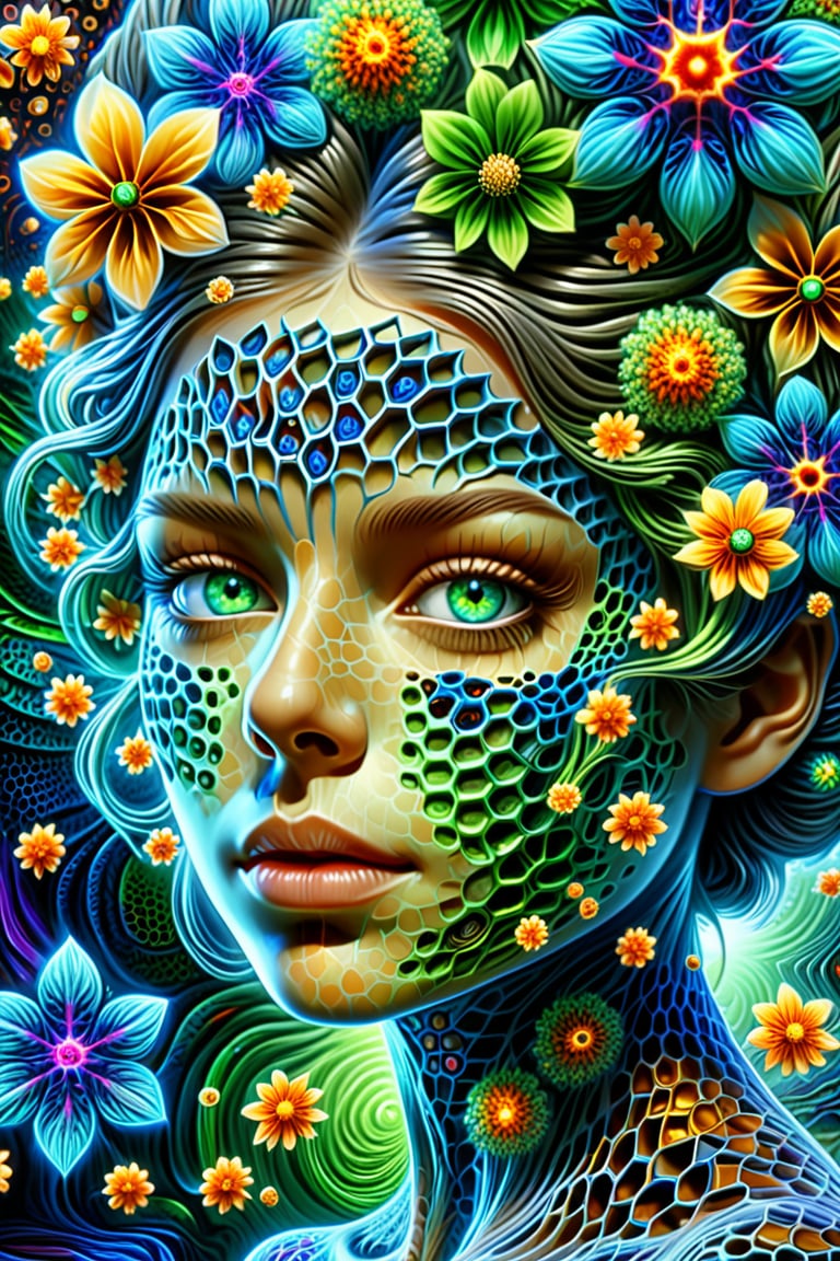 Pretty girl face with flowers in hair. perfect skin, perfect clear blue and green eyes, face dissolving into the surroundings, depth, 4k, best quality, trippy art, dmt art,honeycomb fractal patterns, in background with dark colors, layers, vivid colors, Alex Grey art,Movie Poster,DonMM4g1cXL 