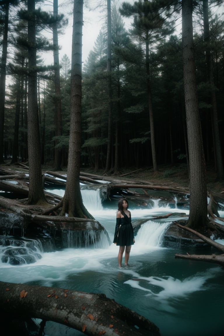 Young woman in an abstract, dream-like landscape featuring melting trees and a sense of fluid, otherworldly beautyr,Fujifilm Velvia 50