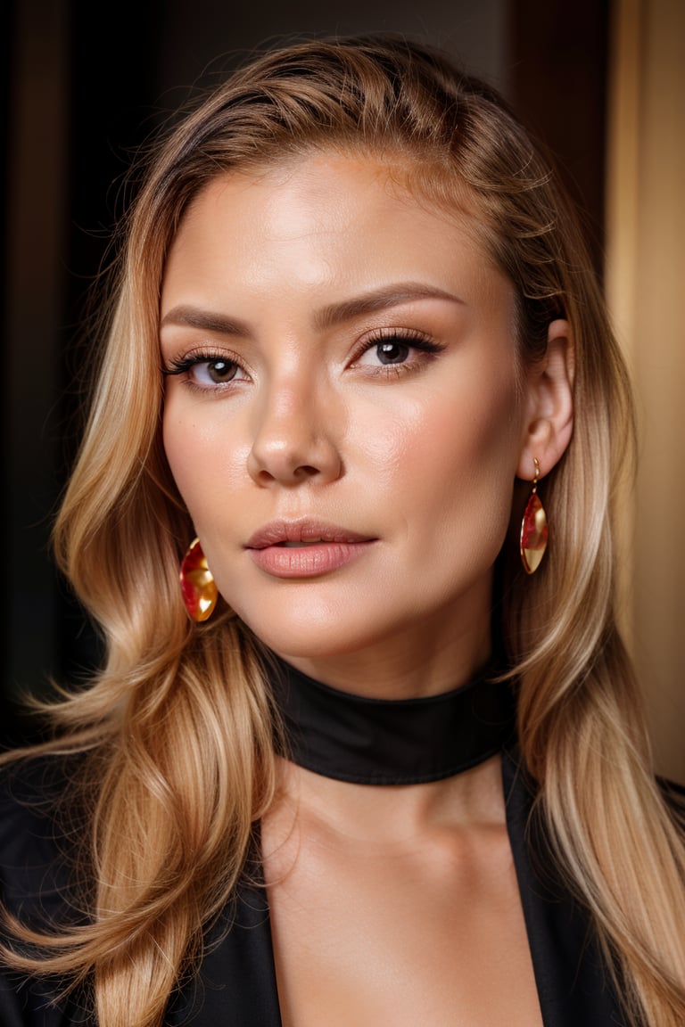 extreme close-up photo of ginger woman with Ruby earrings, lovely eyes, blonde hair, in her 20s, her skirt is gold and black, her blouse obsidian with long sleeves, around her neck there's emo choker