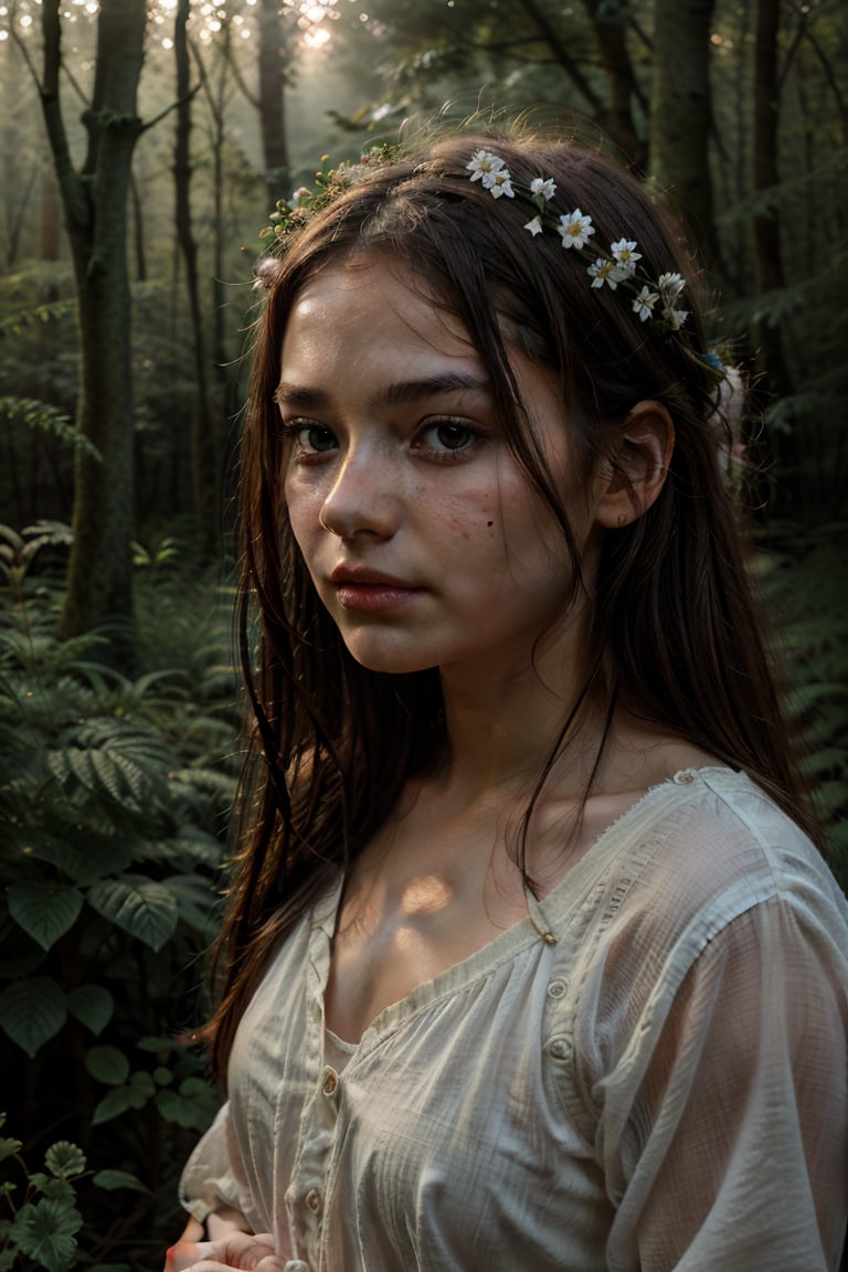 Portrait photography, a teenage girl with flowers in her hair, in a forest glade, early dawn, magical light, from a close-up angle, dreamy mood, morning mist rising, soft light, soft colors, ethereal atmosphere