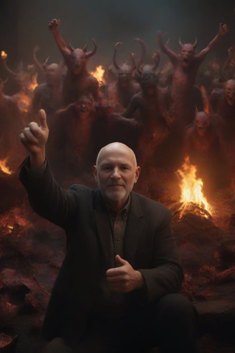man is taking selfie in hell, thumbs up, kudos, background of happy devils and demons, by Hieronymus Bosch, Steve McCurry, by Lee Jeffries, by Jeremy Mann, undefined
,Movie Still, cinematic moviemaker style,fire that looks like...