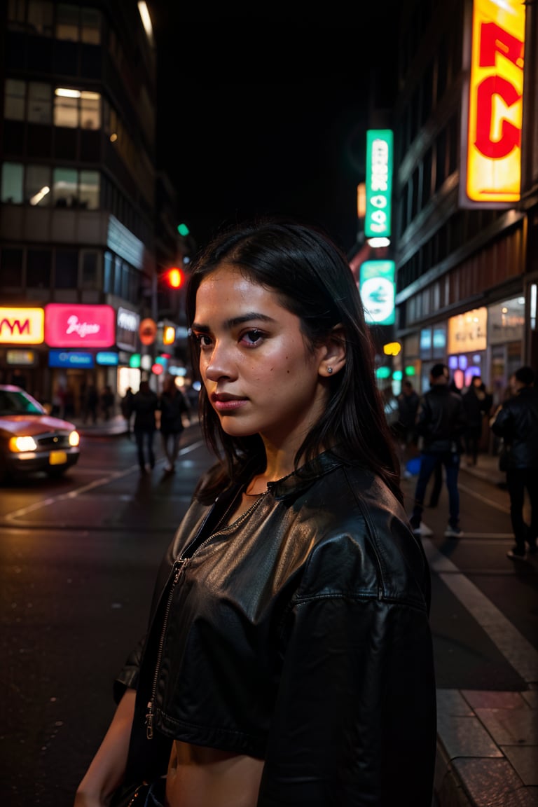 low key photography, a woman posing on the street, in a bustling city intersection illuminated by neon signs, from a  front angle, intense contrast, shadows, minimal lighting, deep black, moody atmosphere, chiaroscuro, rich textures, detailed composition, taken in 35mm
