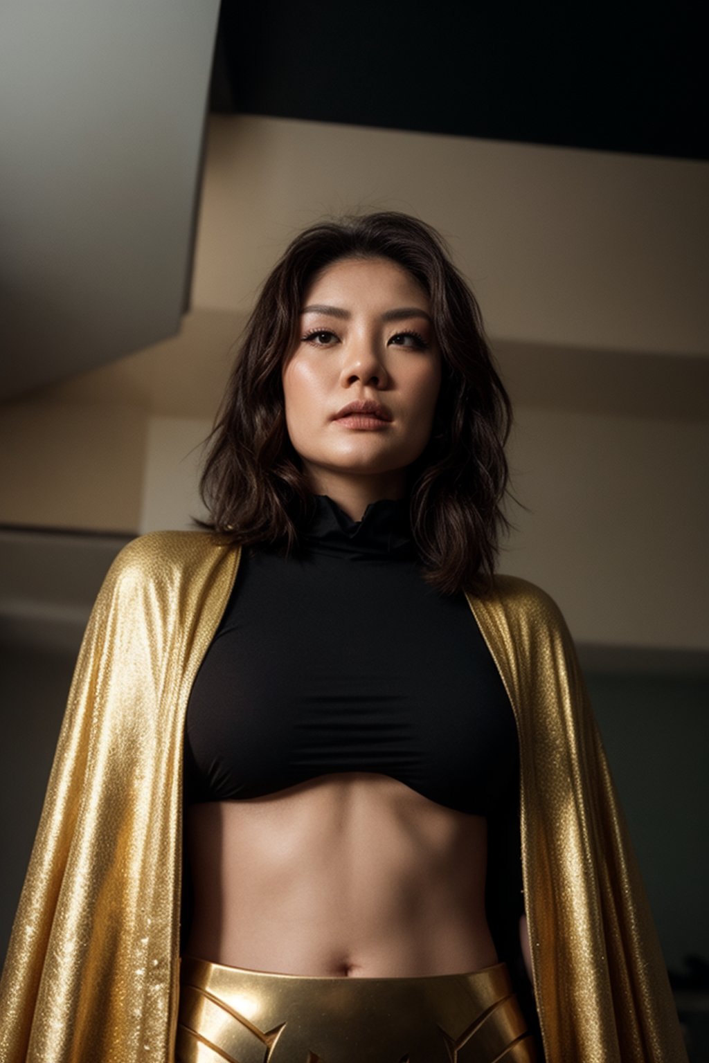 medium shot of Asian queen, beautiful , looking up, golden armour, black cape, fur collar, soft lighting, film grain, from above, upper body, epiCPhoto, , , , , 
