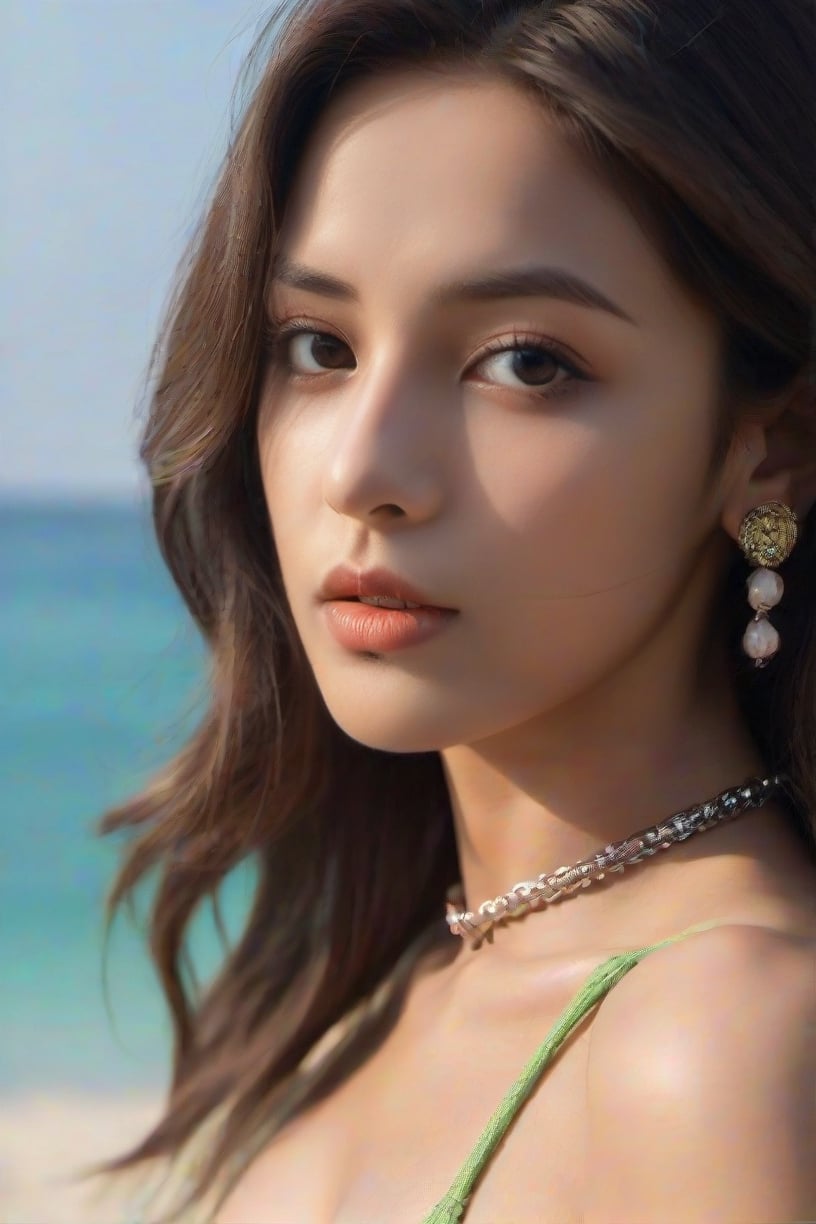 female, indian women,wearing  bikini, realistic, fashionable, beach  background, realism, dramatic lighting medium hair, detailed face, detailed nose, color of choker.