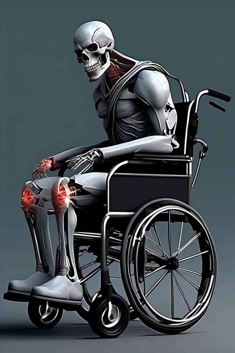 disabled person rides in a wheelchair, broken leg, leg in a cast, leg in a cast, leg in a bandage, neutral gray background, concept art, realistic,Expressiveh,dark theme,DonMD34thM4g1cXL