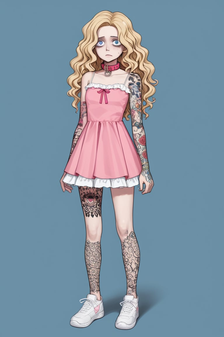 1girl, long hair, long curly blonde hair, ball pink gown, big white sneakers, massive dog collar parted hair, wavy hair, pale skin, light blue eyes, frills, white camisole, short dress, bags under eyes, simple background, :3, full body, standing,highres, tattoo