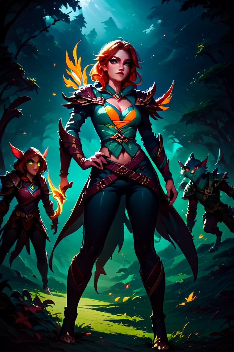 score_9, score_8_up, score_7_up, 1 girl, a archer warrior, attack on the screen, fire in eyes,full body, dota wind ranger style, Elena, Expressiveh, concept art, dark theme,windranger, windranger \(dota 2\)