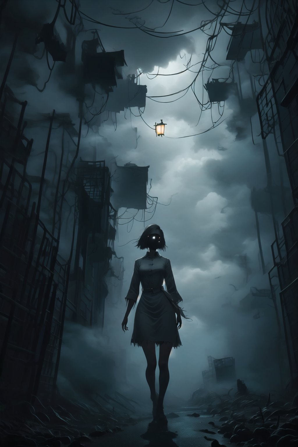 1girl, night club dress, walking along a deserted street in silent hill city, fog, smoke, unclear shadows of monsters in the depths of the fog, translucent images, fear, horror, silent hill,Sairento Hiru style,silent hill style,Nurse,faceless,highres,DonMCr33pyN1ghtm4r3 