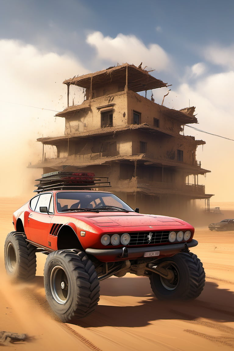 Ferrari car on 6 big wheels from Big Foot, mud tires, large kangaroo, roof rack, driving through an abandoned city in the desert, destroyed houses, sand, dust, sandstorm, thunderstorm, fire from exhaust pipes,scrap metal,rusty car,crossout craft,realism