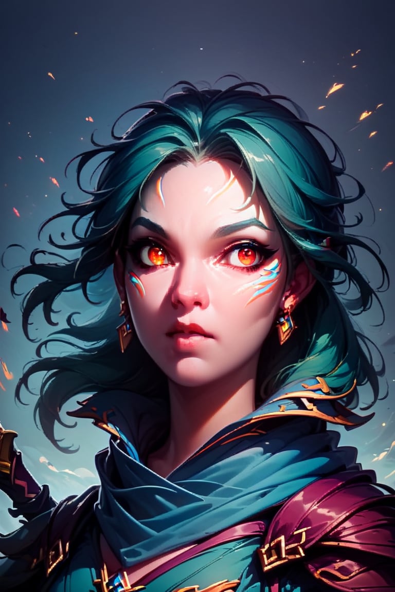 score_9, score_8_up, score_7_up, 1 girl, a archer warrior, attack on the screen, fire in eyes, dota wind ranger style, Elena, portrait, simple gray background, Expressiveh, concept art, dark theme,windranger, windranger \(dota 2\)