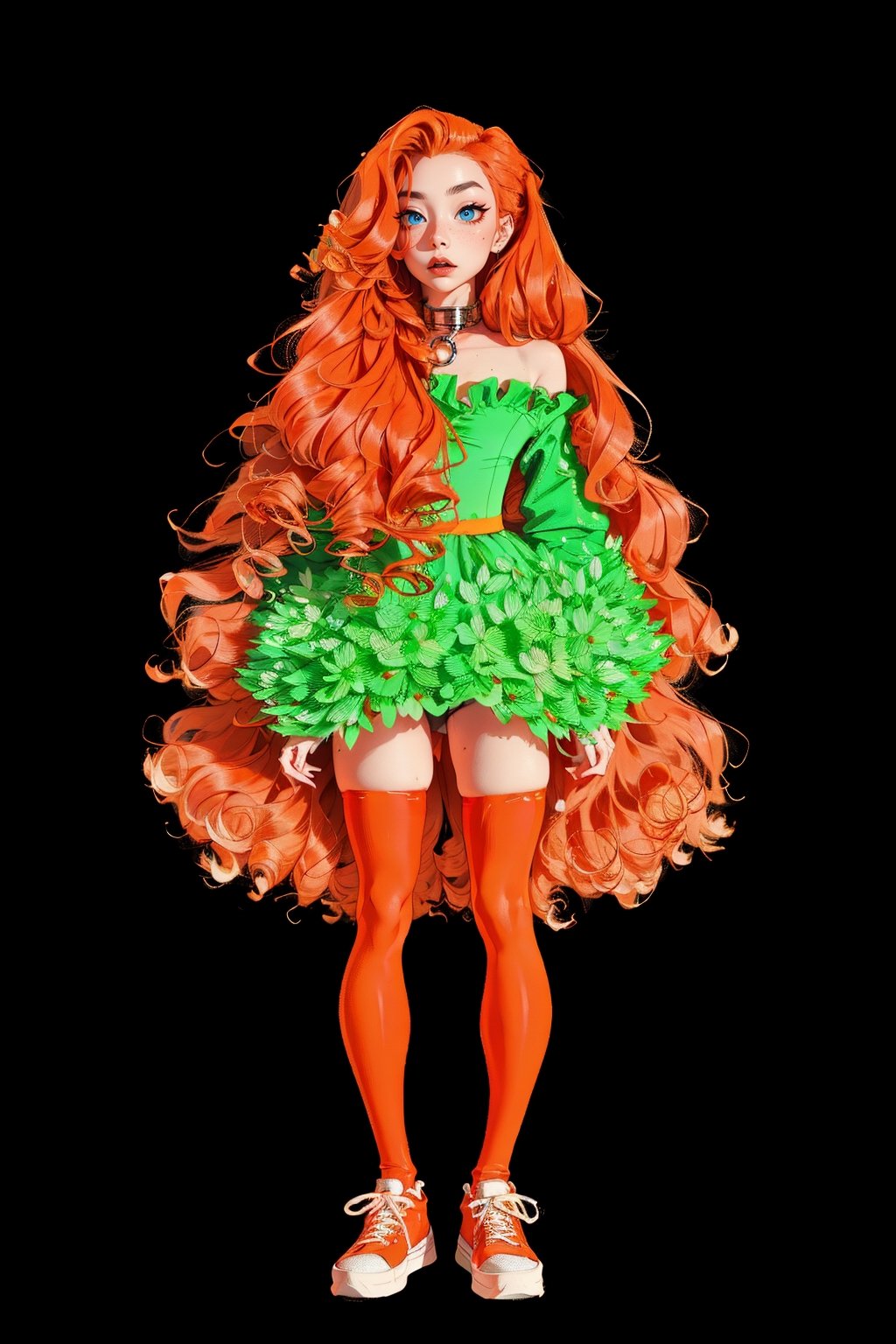 1irish girl, long hair, long curly orange hair, ball red gown, big red sneakers, massive dog collar, fishnet red stockings, parted hair, wavy hair, pale skin, light green eyes, frills, short dress, bags under eyes, Smokey eyes, orange makeup, sweaty face makeup, simle background, :3, full body, standing,highres,SAM YANG,Ballet_tutu,metal collar