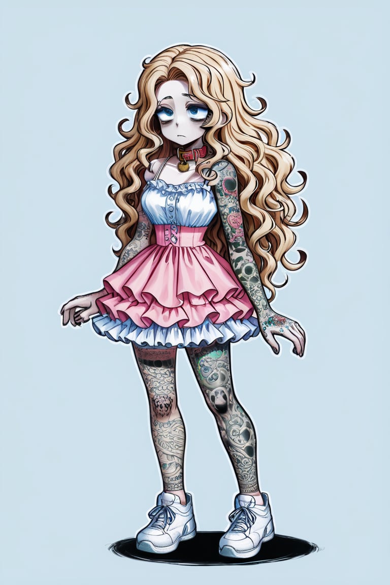 1girl, long hair, long curly blonde hair, ball pink gown, big white sneakers, massive dog collar parted hair, wavy hair, pale skin, light blue eyes, frills, white camisole, short dress, bags under eyes, simple background, :3, full body, standing,highres, tattoo