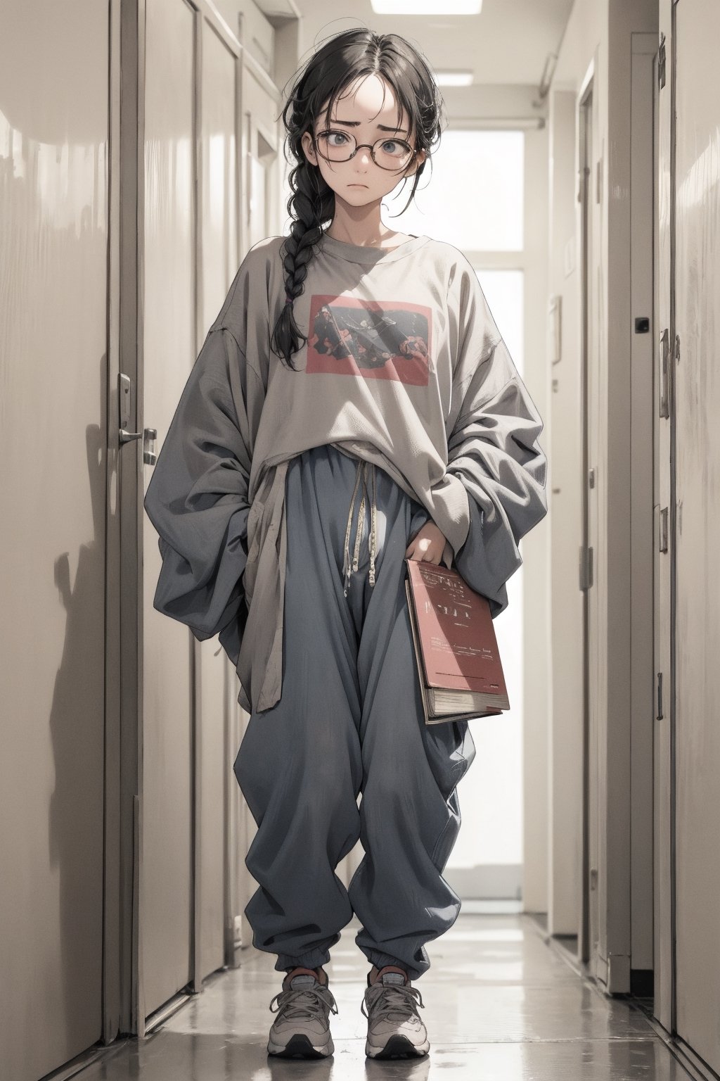 nerdy little girl 16 years old in wrinkled baggy clothes and big glasses, she has disheveled hair somehow tied up in a braid, no makeup, an exhausted face, she is wearing baggy gray pants, dirty sneakers and a baggy oversized sweater, she has a bunch of books in her hands, she is standing in the middle of the school corridor and looks offended,see-through,shirt