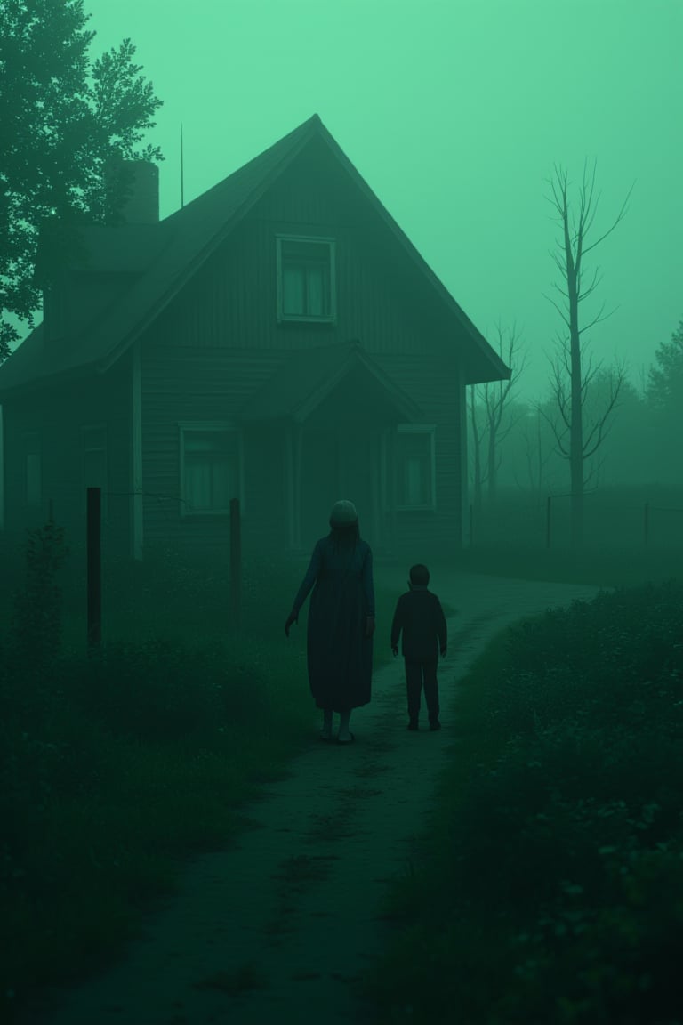 1 girl, 1 ghost boy, standing near the ghost house, russia, russian village, ratlook car vaz 2105, scary, horror, nightmare, cinematic light, 8k resolution, dark art, horror atmosphere, silent hill atmosphere! Green filter, fog,reburbanback,disney style