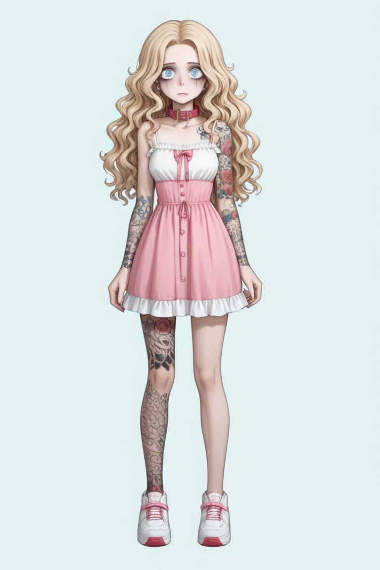 1girl, long hair, long curly blonde hair, ball pink gown, big white sneakers, massive dog collar parted hair, wavy hair, pale skin, light blue eyes, frills, white camisole, short dress, bags under eyes, simple background, :3, full body, standing,highres, tattoo