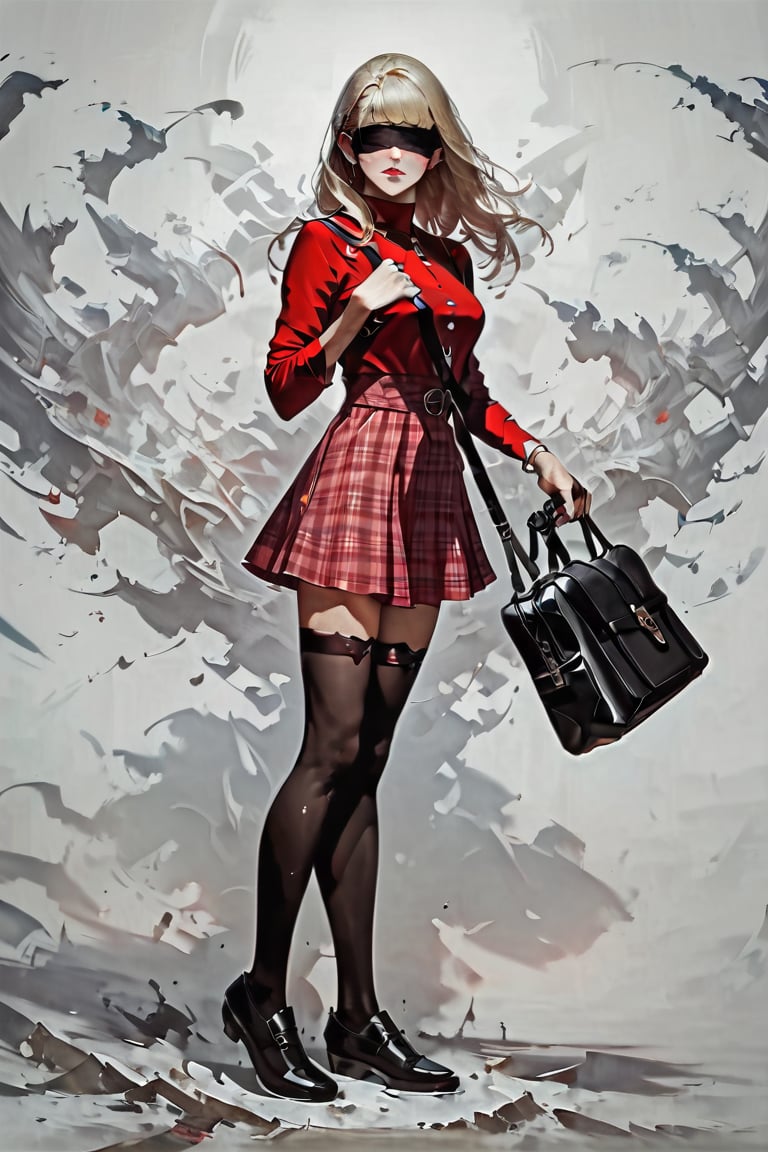 masterpiece, best quality,1girl, alternate costume, solo, bag, looking at viewer, blush, plaid, charm (object), bag charm, bangs, contemporary, sidelocks, jewelry, character name, female woman, white background, \\\\\\\\\ masterpiece, best quality,1girl,\\\\\\\\\\\, qianren, 1girl, blindfold, blonde hair, joints, black shoes,black stockings,concept art, realistic,Expressiveh,dark theme