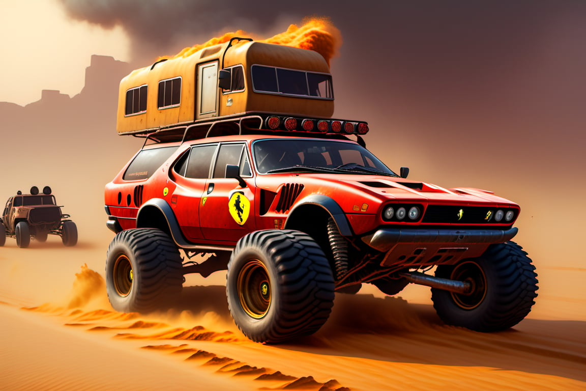 Ferrari car on 6 big wheels from Big Foot, mud tires, large kangaroo, roof rack, driving through an abandoned city in the desert, destroyed houses, sand, dust, sandstorm, thunderstorm, fire from exhaust pipes,scrap metal,rusty car,crossout craft,realism