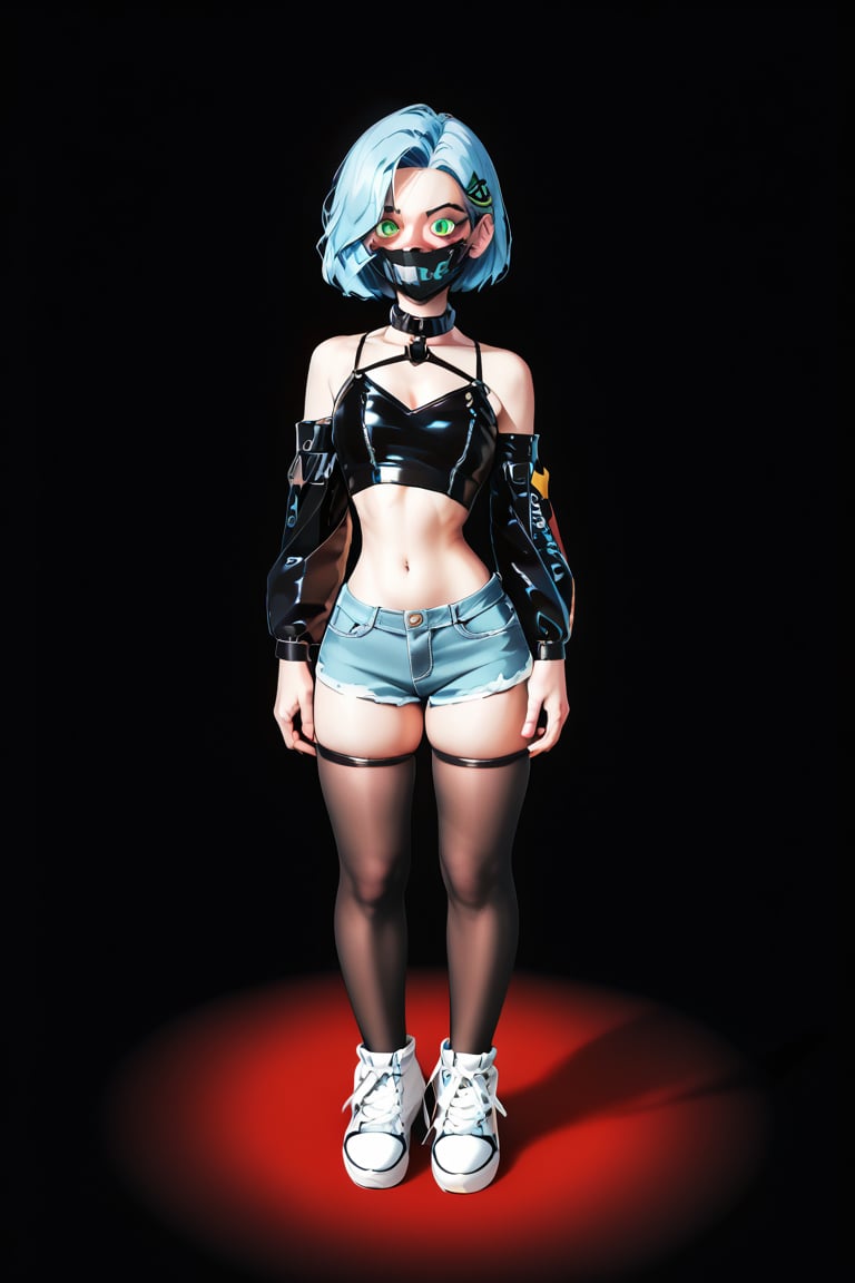 Score_9_up,Score_8_up, Score_7_up, 1girl 20 years old, short bob, light blue hair, pale skin, light green eyes, denim blue shorts, checkered red wool blouse, medical black mask on her face, white sneakers, very wide black fishnet stockings,  bags under eyes, evening, :3, full body, standing,highres, 
,DonMN1gh7XL ,disney pixar style,csr style,Expressiveh,baby,donmcr33pyn1ghtm4r3xl  ,shadow, massive leather collar, otaku room, streamer,future0614,dark fantasy,dark anime