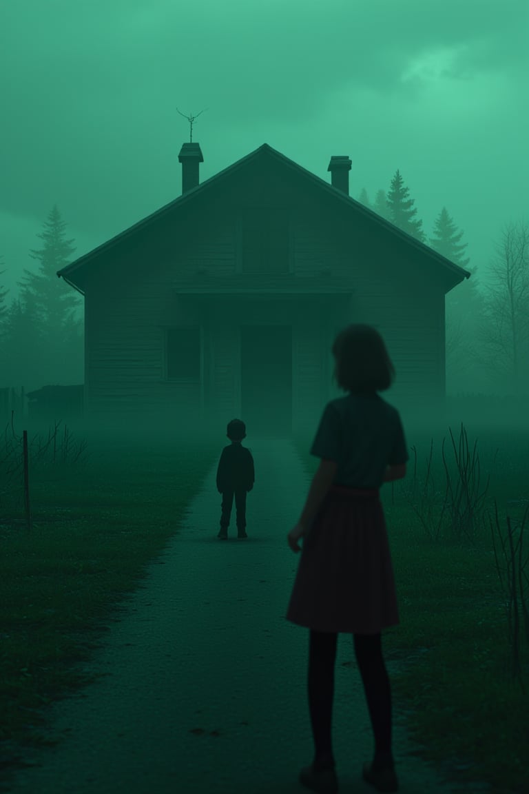 1 girl, 1 ghost boy, standing near the ghost house, russia, russian village, ratlook car vaz 2105, scary, horror, nightmare, cinematic light, 8k resolution, dark art, horror atmosphere, silent hill atmosphere! Green filter, fog,reburbanback,disney style