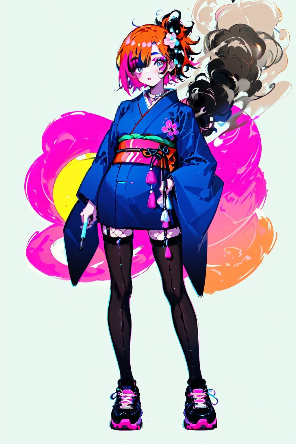 young 20-year-old Asian girl with orange bob hair in an ultra short dark blue kimono, decorated with neon pink lines and Japanese black characters, black stockings made of a wide square mesh, large pink and black sneakers, bright makeup, smoke eyes, long neck, collar, simple background, highres,fishnet pantyhose