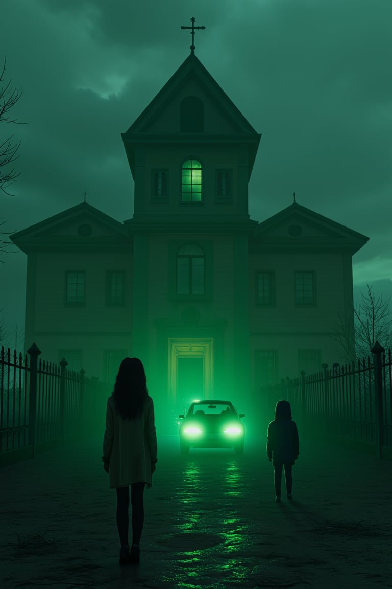 1 girl, 1 ghost boy, standing near the ghost house, russia, russian village, ratlook car vaz 2105, scary, horror, nightmare, cinematic light, 8k resolution, dark art, horror atmosphere, silent hill atmosphere! Green filter, fog,reburbanback,disney style, neon lights, chirch, cyberpunk, 