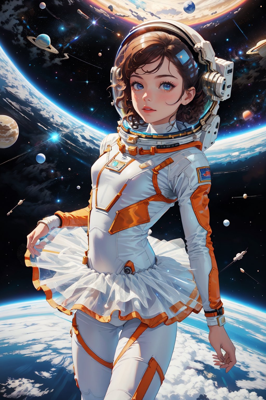 An 18-year-old young ballerina dances in space in a neon tutu and a space helmet, in space involving weightlessness, ballet figure - attitude, stars and Saturn behind her, slim fit physique, ballet tutu with elements of Soviet spacesuits, Soviet space paraphernalia, gloomy and dark atmosphere, retrofuturism, neon,Ballet_tutu,highres,bing_astronaut,Futuristic room