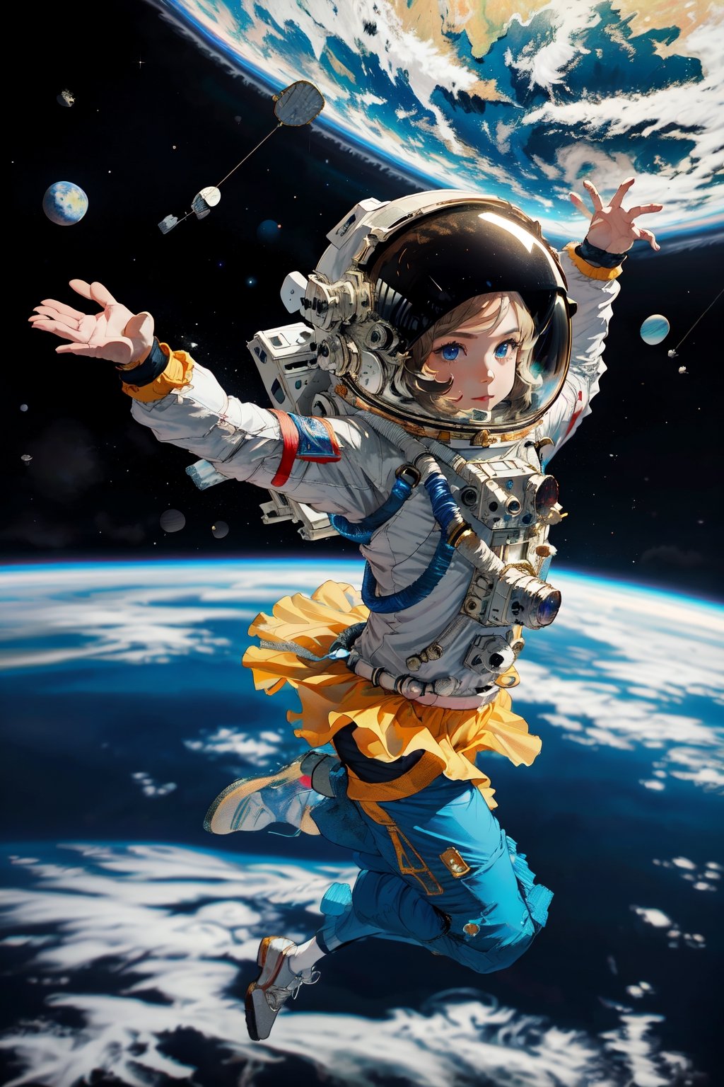 An 18-year-old young ballerina dances in space in a neon tutu and a space helmet, in space involving weightlessness, stars and Saturn behind her, slim fit physique, ballet tutu with elements of Soviet spacesuits, Soviet space paraphernalia, gloomy and dark atmosphere, retrofuturism, neon,Ballet_tutu,highres,bing_astronaut,Futuristic room,hubble