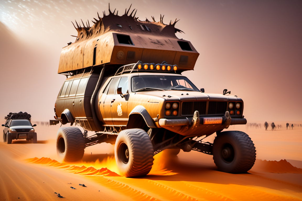 Mad max  car on 4 big wheels from Big Foot, mud tires, large kangaroo, roof rack, driving through an abandoned city Moscow in the desert, destroyed houses, sand, dust, sandstorm, thunderstorm, fire from exhaust pipes,scrap metal,rusty car,crossout craft,realism,