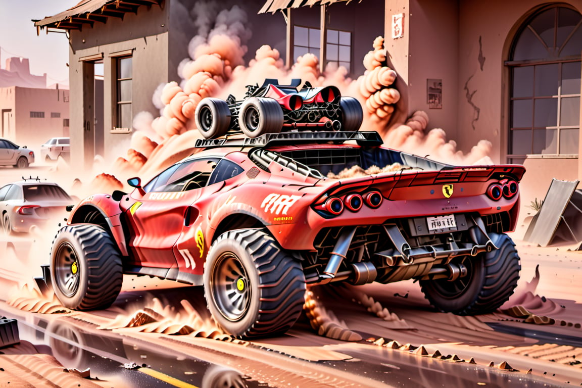 Ferrari car on 6 big wheels from Big Foot, mud tires, large kangaroo, roof rack, driving through an abandoned city in the desert, destroyed houses, sand, dust, sandstorm, thunderstorm, fire from exhaust pipes,scrap metal,rusty car,crossout craft,realism