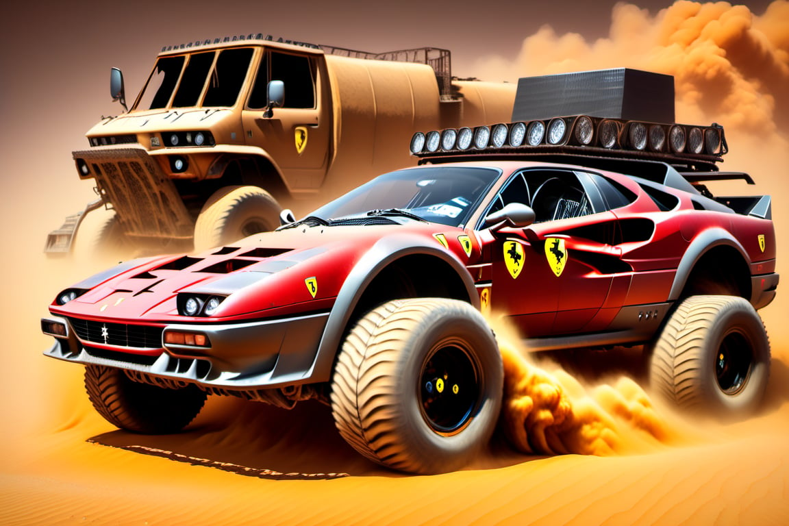 Ferrari car on 6 big wheels from Big Foot, mud tires, large kangaroo, roof rack, driving through an abandoned city in the desert, destroyed houses, sand, dust, sandstorm, thunderstorm, fire from exhaust pipes,scrap metal,rusty car,crossout craft,realism,DonM0ccul7Ru57XL